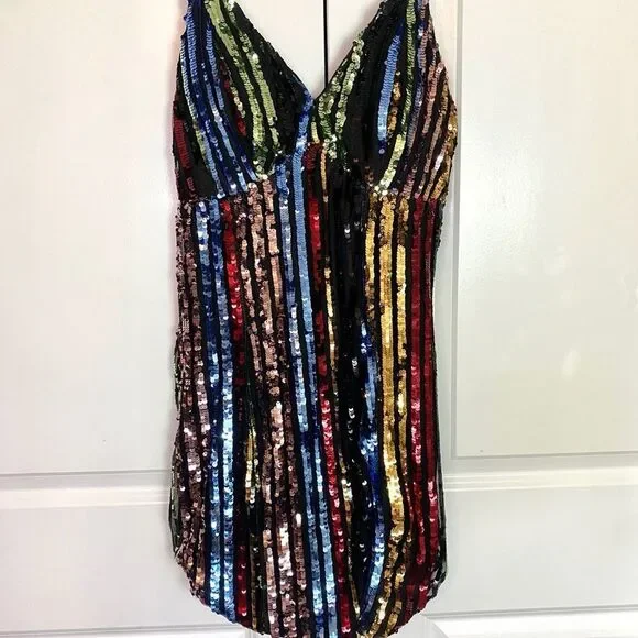 Fashion Nova Black and Green Sequin striped Dress adjustable straps NWT size L - Picture 12 of 16